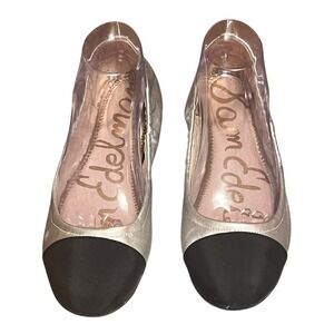 Sam Edelman FRALEY Silver Leather Ballet Flats With Black Cap Toe Size 9 M